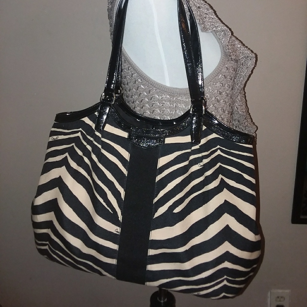 COACH Signature Strip Zebra Print Devin Bag